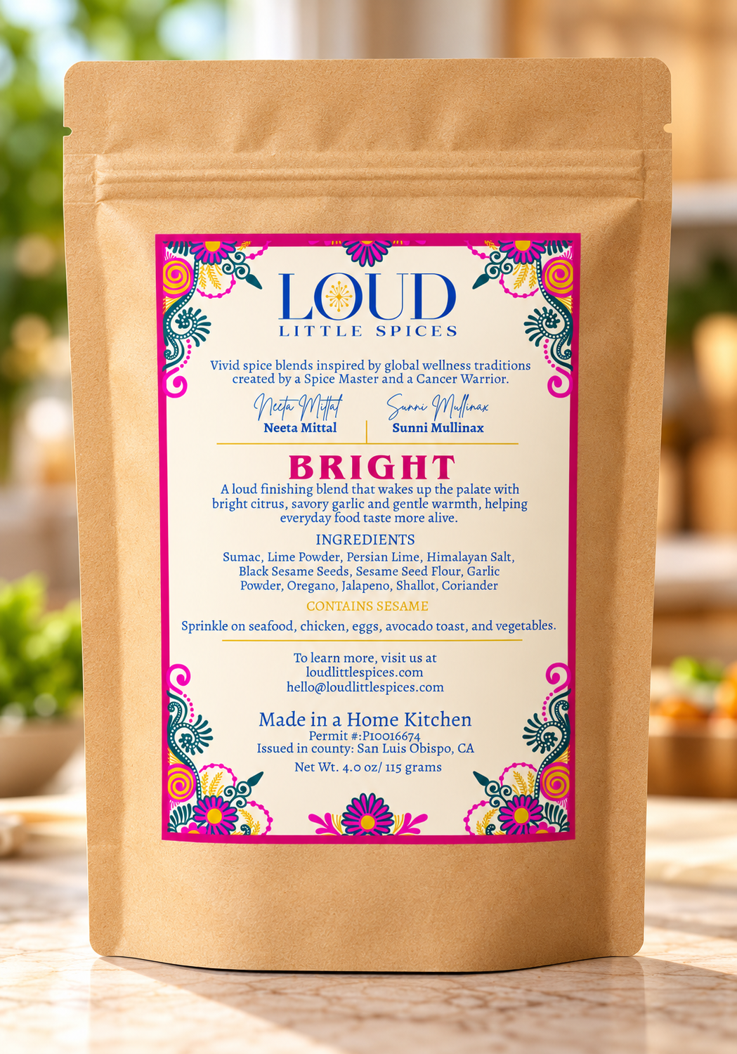 BRIGHT back label with ingredients and serving suggestions